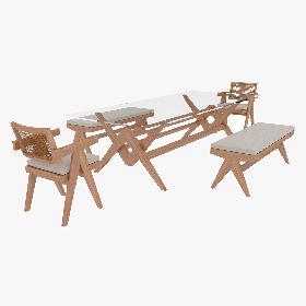 3D Cassina Jeanneret Capitol Complex Glass Table with Office Chair and Wooden Bench Set